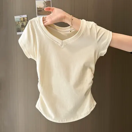 纯欲性感V领正肩短袖T恤女2025夏季新款修身韩版短款褶皱收腰上衣商品大图