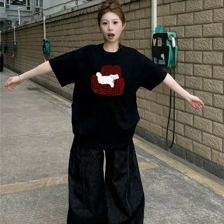 韩系显瘦夏季正肩半袖上衣服美式高街黑色纯棉短袖t恤女宽松ins潮图片