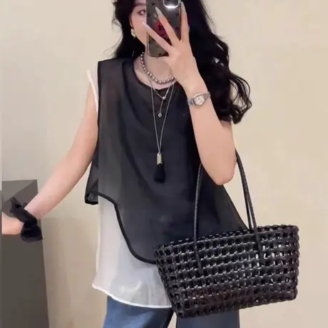 韩系设计感纱纱拼接假两件上衣女2025夏季新宽松叠穿百搭无袖上衣商品大图
