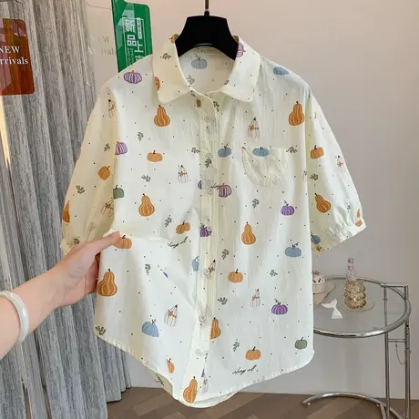 夏季甜美可爱纯棉减龄短袖中袖衬衫女学生宽松小个子上衣印花衬衣商品大图