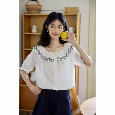 弥古白色刺绣衬衫女高级感法式娃娃领短袖衬衣2025夏新款短款上衣商品大图