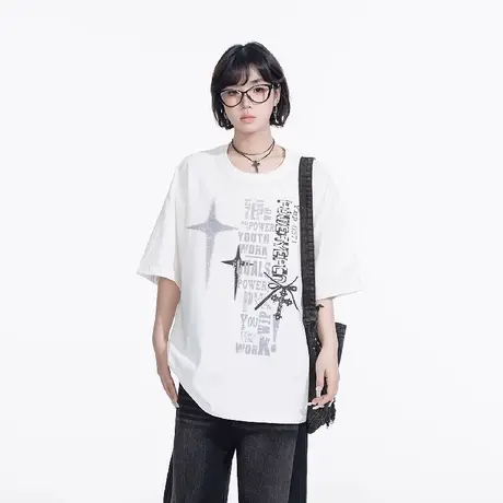 YEP字母印花短袖t恤女春夏2025新款复古情侣半袖宽松街头潮牌上衣图片