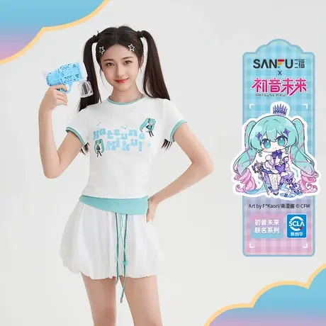 【初音未来联名】三福短T恤2025夏季撞色短款上衣女装504078图片