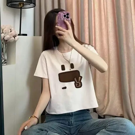 白色夏季正肩短袖t恤女2025新款爆款棉质洋气时尚设计感百搭上衣商品大图