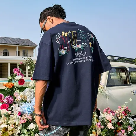 Nuthink重磅花卉刺绣字母短袖T恤潮牌宽松半袖嘻哈男2025夏季新款图片
