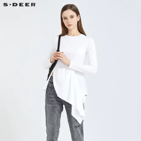 sdeer圣迪奥春秋装休闲圆领不规则裁剪长袖T恤女S21180203图片