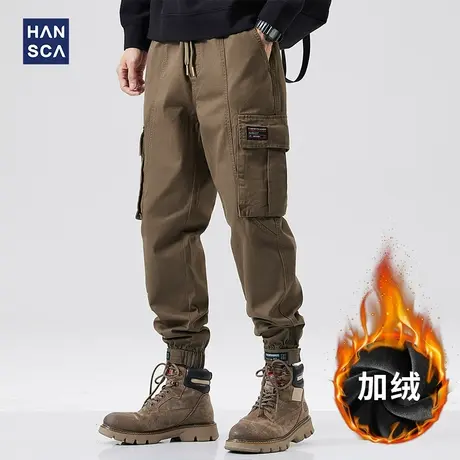 hansca加绒工装裤男秋冬款美式休闲潮流加厚保暖痞帅宽松束脚长裤商品大图