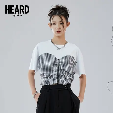 odbo/欧迪比欧拼接条纹短款t恤上衣女设计感小众24夏季新款修身图片