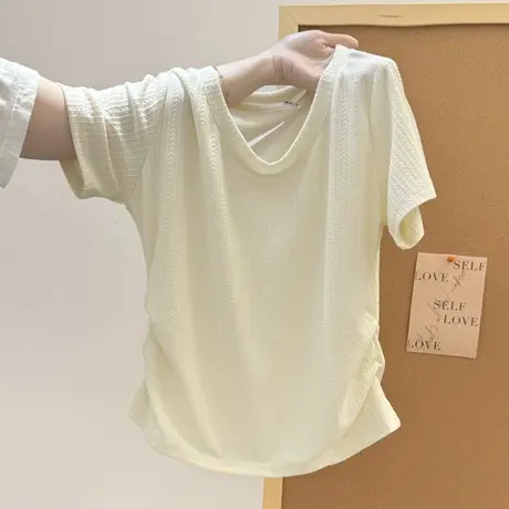 夏季2025新款短款正肩短袖T恤女修身韩版打底衫褶皱掐腰半袖上衣图片