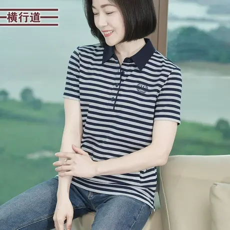 上衣刺绣t恤女装翻领黑白条纹宽松短袖2025夏装新款打底衫半袖图片