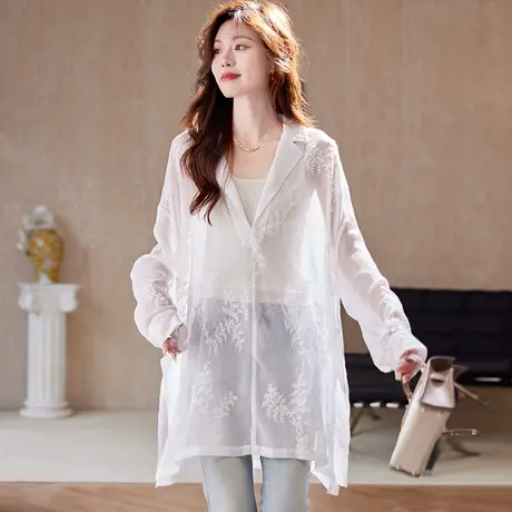 宝诗黎中长款刺绣镂空衬衫2025夏季韩系宽松大码百搭休闲防晒罩衫商品大图
