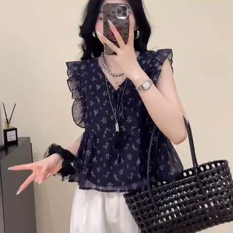 短袖碎花荷叶花边衬衫女2025夏季新款显瘦气质爆款小衫衬衣上衣潮图片