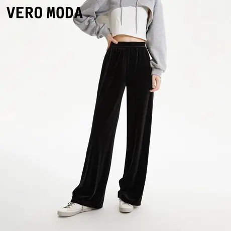 Vero Moda休闲裤2025春季新款休闲松紧高腰直筒丝绒黑色长裤女商品大图