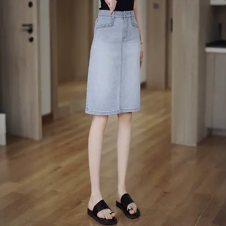 夏季高腰显瘦牛仔半身裙女薄款显瘦烫珠中长裙百搭开叉A字包臀裙商品大图