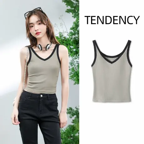 KWV真维斯撞色带胸垫v领针织吊带背心女外穿修身设计感短款上衣商品大图