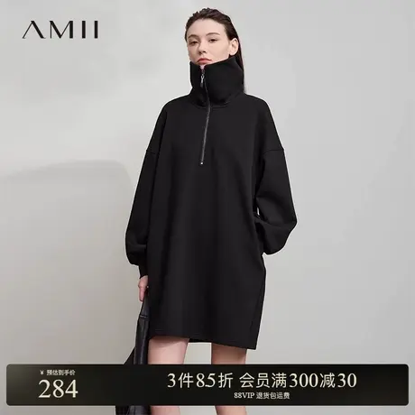 Amii2025秋新款极简纯色运动风宽松大翻领套头空气层长袖连衣裙商品大图