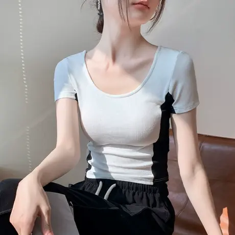 撞色拼接设计感圆领短袖T恤女2025春季新款修身正肩洋气内搭上衣图片