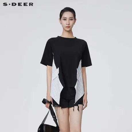 【好物体验专享】sdeer圣迪奥撞色条纹不规则短袖T恤S24280110图片