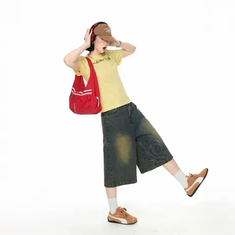 美式街头复古水洗做旧渐变牛仔裤女夏季新款宽松显瘦阔腿七分裤商品大图