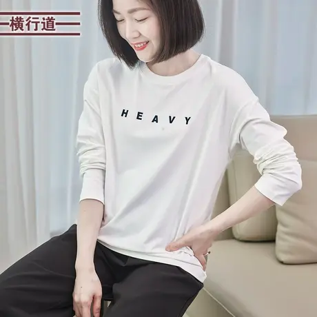 2025春季简约休闲纯色圆领印花宽松长袖T恤女上衣打底衫大码妈妈图片