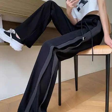 运动裤女夏新款宽松高腰显瘦侧边条纹垂感冰丝直筒阔腿长裤女商品大图