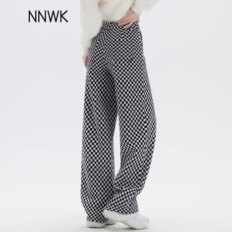 黑白格子裤今年流行的裤子女秋冬天糯米裤加厚休闲裤雪尼尔阔腿裤商品大图