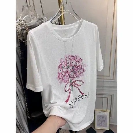 韩系薄款雪花棉正肩t恤女显瘦遮肉宽松别致漂亮印花短袖小衫夏季图片