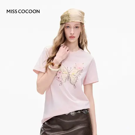 MISSCOCOON可可尼粉色T恤女2025秋季新款欧若风宽松棉短袖上衣商品大图