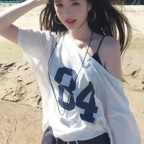 纯欲性感斜肩短袖T恤女夏季韩版宽松打底衫内搭外穿露肩甜辣上衣图片