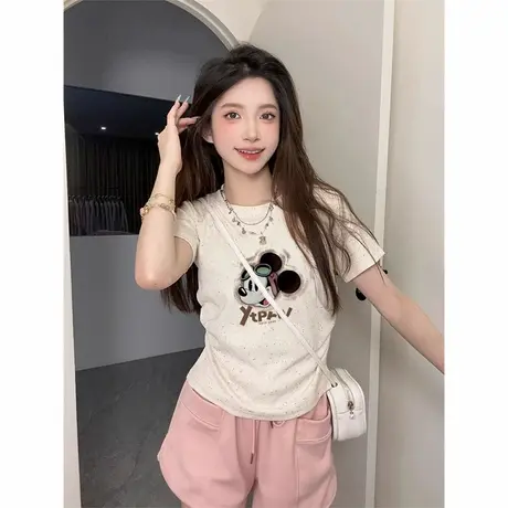 圆领正肩褶皱收腰短袖t恤女2025夏季新款甜妹风彩虹波点洋气上衣商品大图