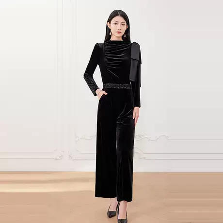 希区瑞普金丝绒连体裤黑色垂褶松紧腰修身显瘦春法式复古商品大图
