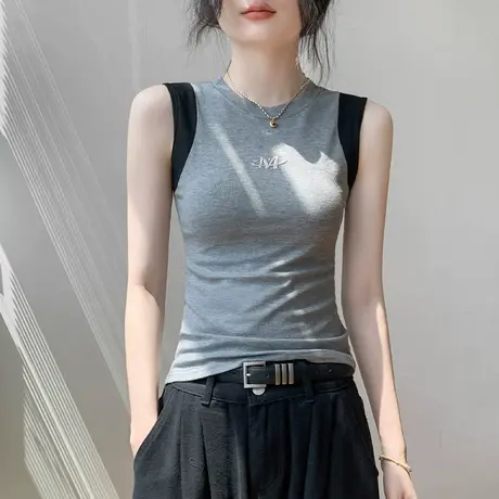 时尚圆领无袖背心女字母拼色秋季新款衬衫内搭修身打底衫独特上衣商品大图