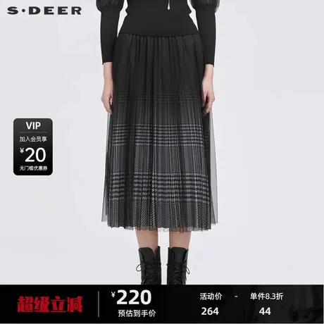 S·DEER圣迪奥女装秋优雅松紧网纱拼接撞色格纹长裙S22181117商品大图