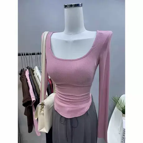 显胸大~紧身性感短款显身材方领长袖t恤女秋冬内搭收腰薄款打底衫图片