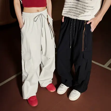 Nuthink潮牌美式工装裤阔腿褶皱系带抽绳休闲长裤2025新款春男女图片