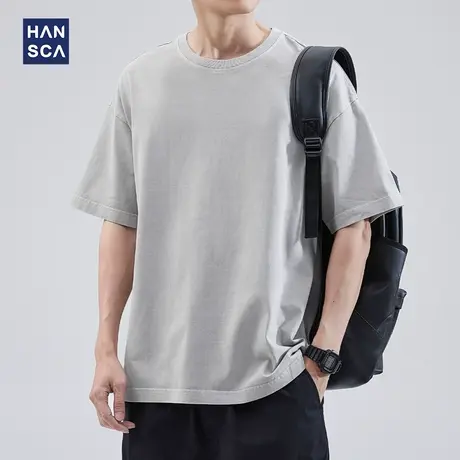 hansca 纯棉短袖t恤男士圆领日系夏季简约纯色宽松百搭休闲打底衫商品大图