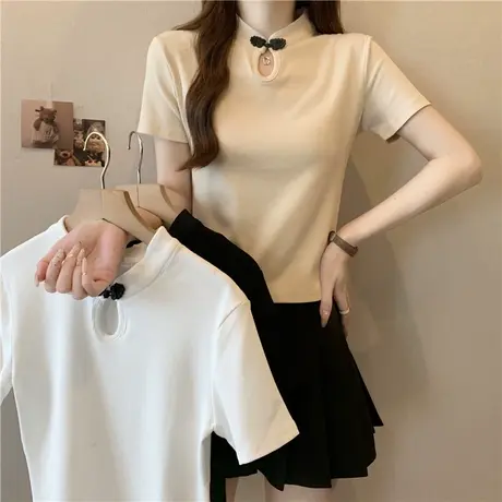 新中式盘扣国风短袖T恤女夏小个子短款半袖上衣半高领修身打底衫图片