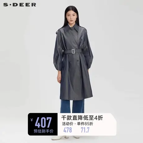 sdeer圣迪奥女装休闲翻领泡泡袖收腰长款风衣S231Z1818图片