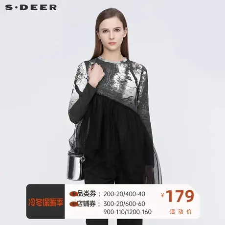 sdeer圣迪奥个性圆领字母印花网纱长袖T恤S21180209图片