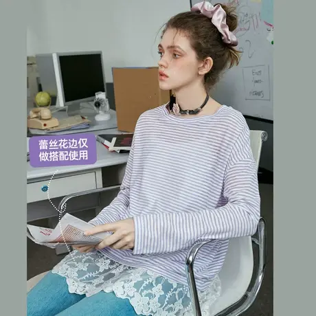 a02【正反两穿】设计感开叉条纹罩衫25春季舒适显瘦休闲女式T恤商品大图
