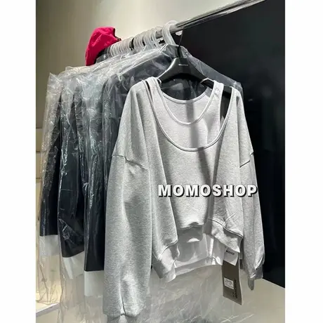 韩国东大门2024秋季新款时髦大领口露肩圆领卫衣吊带背心两件套商品大图