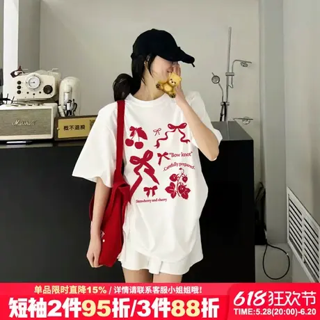 2025夏季新款超火设计感蝴蝶结印花白色短袖t恤女宽松正肩上衣潮商品大图