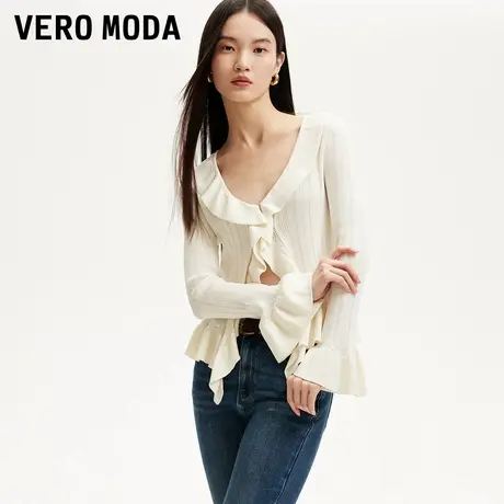 Vero Moda奥莱针织衫女2025春秋新款亮丝荷叶边镂空百搭简约上衣商品大图