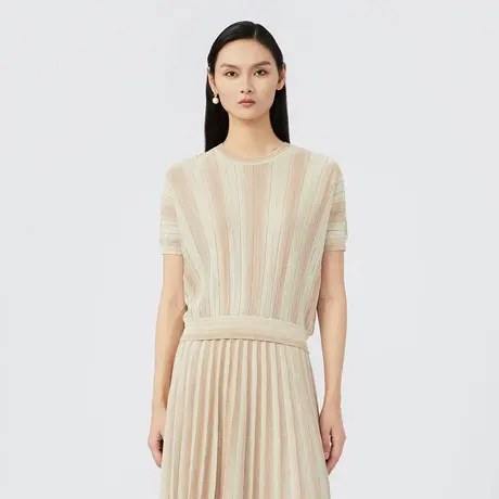 LANCY/朗姿夏季针织套头衫女条纹短款短袖高级感修身上衣商品大图