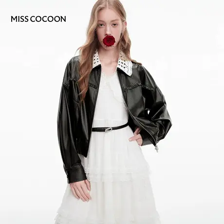MISSCOCOON可可尼娃娃领黑色夹克上衣女2025秋季新款仿皮衣短外套图片