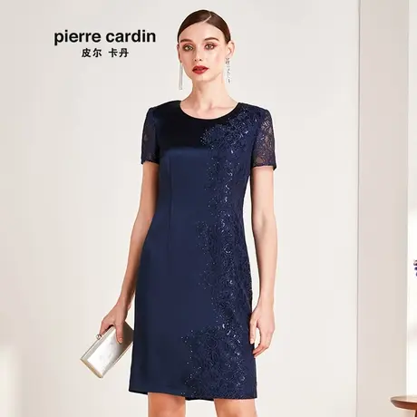 【皮尔卡丹女装】夏季新款蓝色短袖圆领连衣裙淑女裙【官方正品】商品大图
