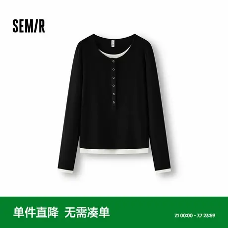 [商场同款]森马长袖T恤女假两件修身显瘦2025秋季新款亨利领上衣图片