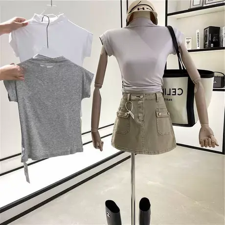 半高领T恤女2022夏季新款韩版黑色辣妹紧身显瘦短袖上衣打底衫潮图片