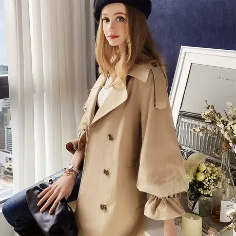 粉红大布娃娃2022新款休闲百搭外套女甜美网纱拼接斗篷中长风衣春商品大图