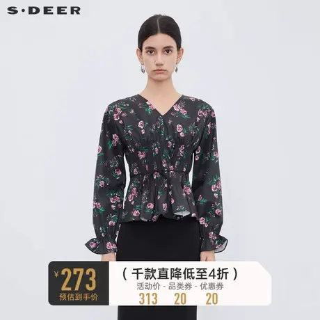 sdeer圣迪奥女装V领风琴褶碎花收腰长袖衬衫S233Z0575🚄商品大图